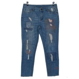 Indigo Thread Skinny Jeans Contrast Embroidery Patchwork W 6